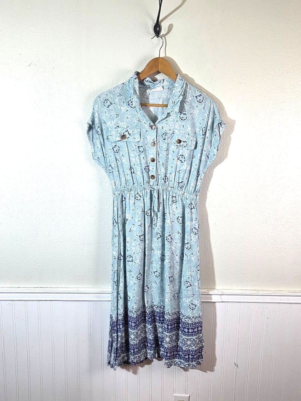 Lucky Brand Blue Floral Rayon Midi Dress M Button Front Boho Spring Summer